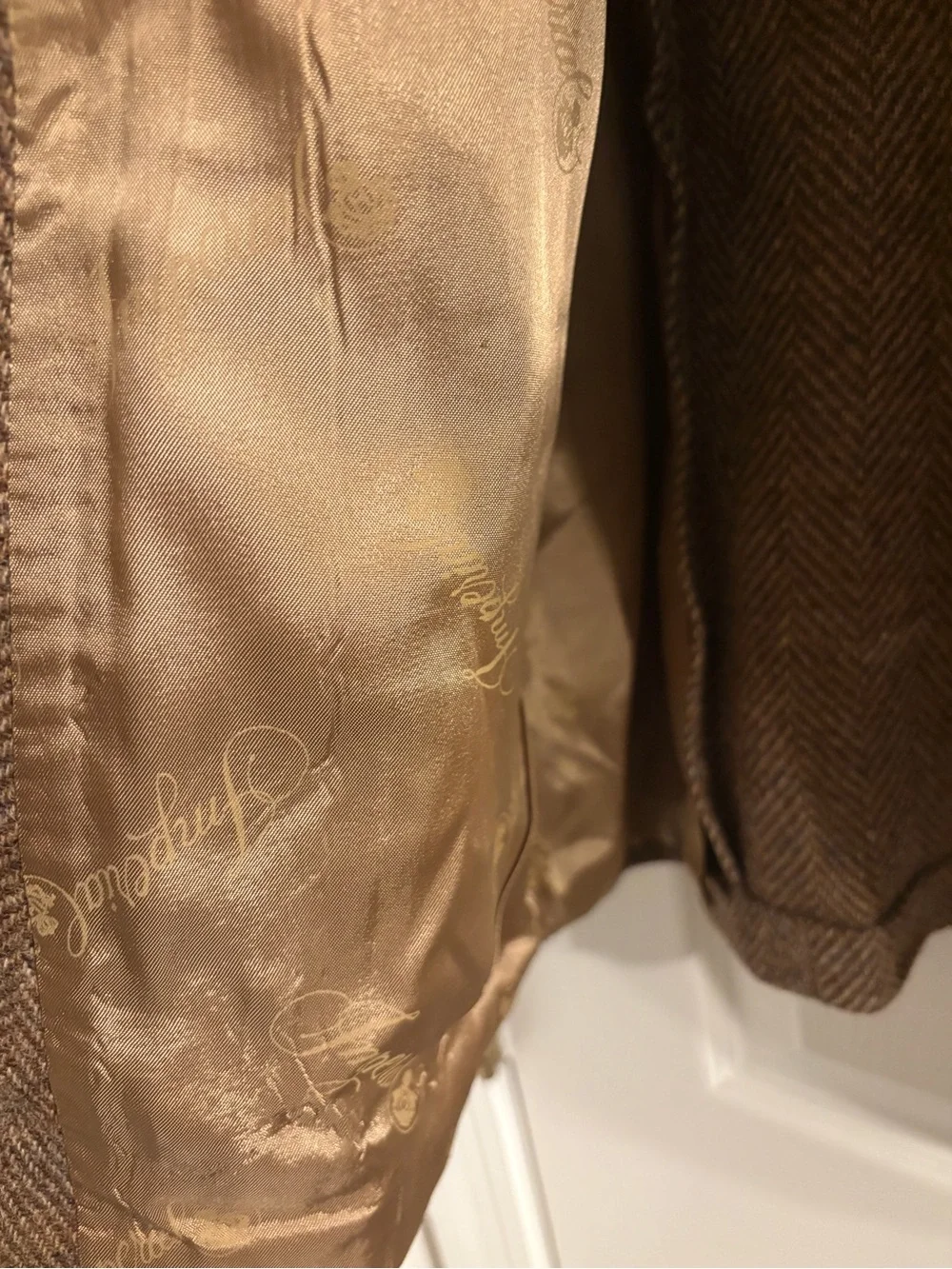 Haggar Brown Herringbone Wool Sport Coat with Tan Buttons